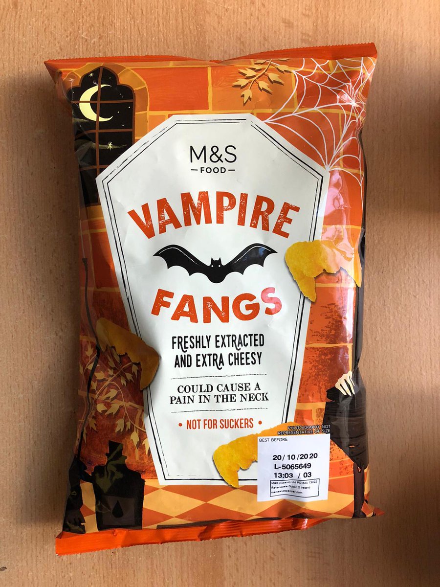 M&S VAMPIRE FANGS “Freshly extracted and extra cheesy”. Why? Is this a reference to vampires’ proclivity for puns? “Not for suckers”? Aren’t they… exactly for suckers? They literally came from suckers? Don’t let these questions distract you: these are Wotsits /5