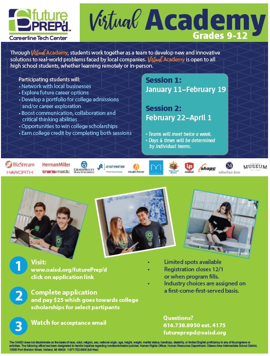 Know a high school student who wants to start exploring careers, get internship experience with a local business solving real challenges, earn college credit &amp; potentially scholarship money?  We have the program for them, futurePREP'd Academy!  Check out the flyer for more info!