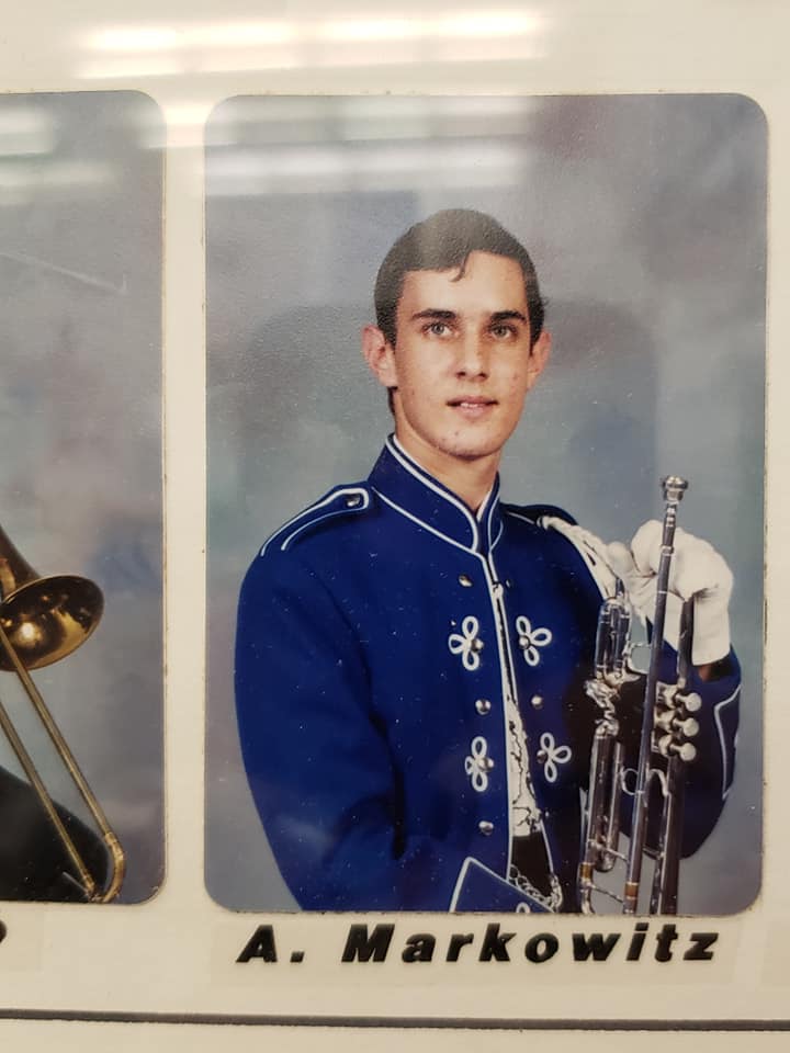 OK, and just so y'all can laugh, here's dork me from 2003 and some of us at our annual Alumni Night (that had to be canceled this year, of course) from last year in the band room where all those memories were made all those years ago.