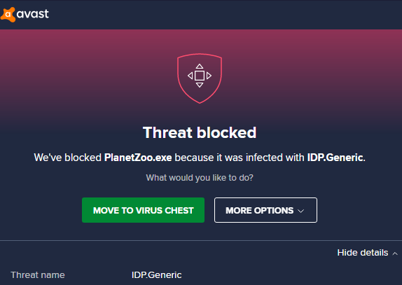 MyerlingGames's tweet photo. @PlanetZooGame Here's a new one. This time it crashed and avast picked it up...I can't image the execution file is a trojan virus but you never know...: https://t.co/uw3e5Alu94