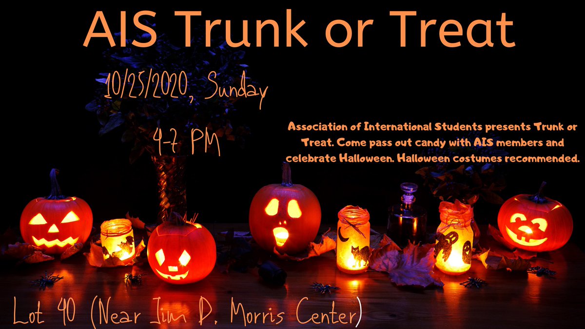 Everyone please come out and support <a href="/aisatmsu/">AIS at MSU</a> this weekend at their trunk or treat event!!

Come celebrate early Halloween by maintaining all the social distance norms with the members of the Association of International Students. Decorate your car trunks and pass out treats!!