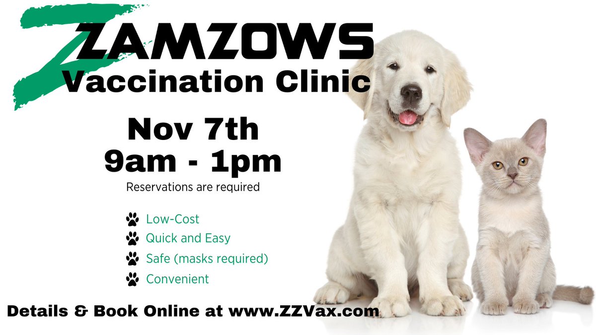 Zamzows's tweet photo. Are your pets up-to-date on their vaccines? We have a low-cost clinic on Nov. 7th! Check out details and pricing here: https://t.co/zOnEE633Jj #PetVaccines #PuppyShots #CatShots https://t.co/ExEzJZSXro