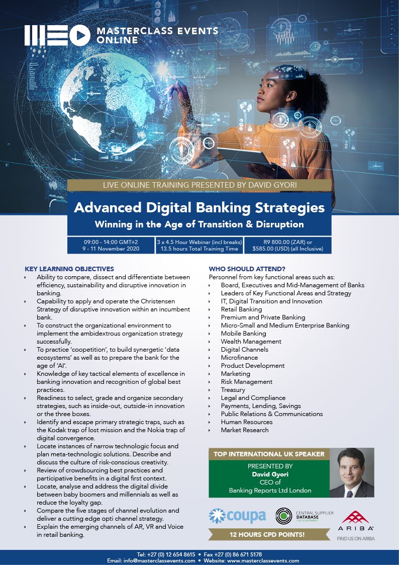 Masterclass_SA's tweet image. David Gyori, the CEO of Banking Reports LTD in London will be preparing our organisational strategies! You don't want to miss out on this. #AI #ReadyforDisruption