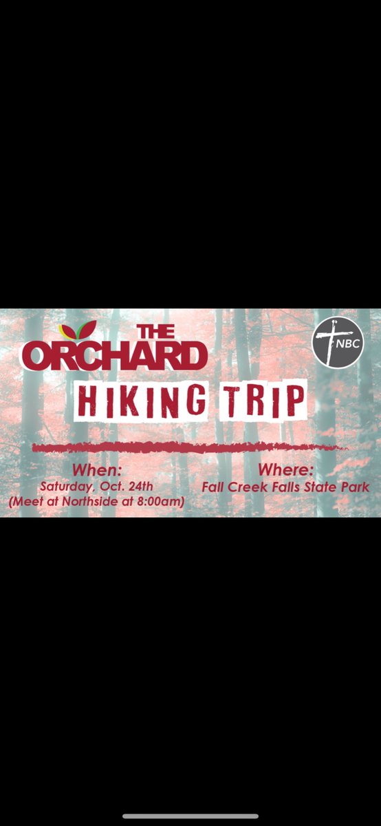 orchardnbc's tweet photo. Come join The Orchard as we go for a Saturday morning hike! This is a great opportunity to get involved and enjoy some time outside. Be sure to invite a friend!

When: Saturday, October 24th
(Meet at Northside at 8:00am to carpool)
Where: Fall Creek Falls State Park https://t.co/uIdMxlMQaR