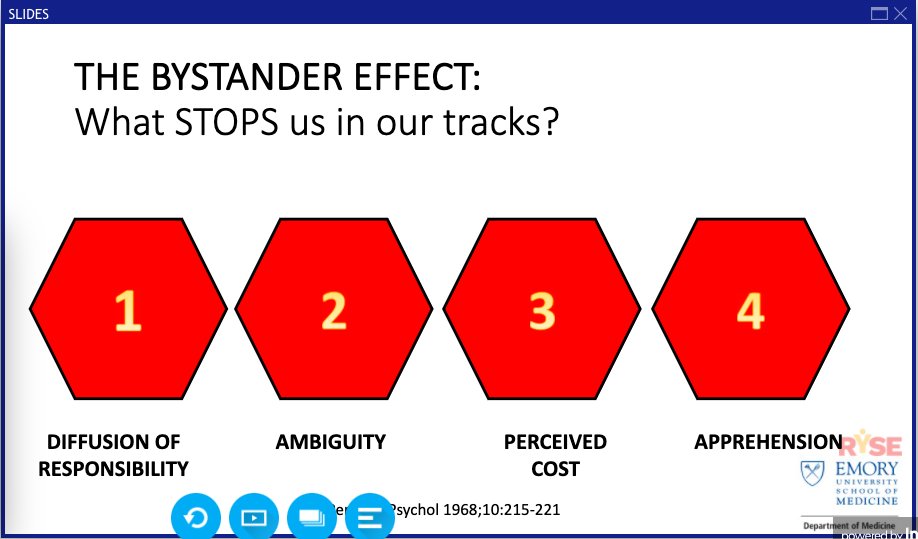 What stops us from being an upstander? @gradydoctor points out 4 factors:Diffusion of responsibilityAmbiguityPerceived costApprehension #IDWeek2020