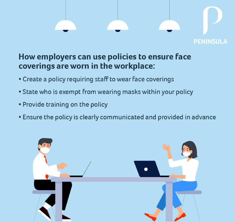 peninsula_ca's tweet photo. Policies regarding face coverings in the workplace are important! Here are some tips on how to apply this in your policy. 

#SuccessStartsHere #HR #healthandsafety #advice #tips #policies #employment #employee #employer #facecoverings #facemasks https://t.co/npcXlF8dDr