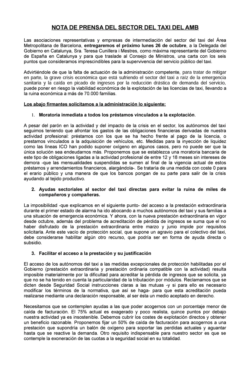 sindicatdeltaxi's tweet photo. #TAXINEWS #STACTAXI NOTA DE PRENSA DEL SECTOR DEL TAXI DEL AMB | MANIFIESTO #26O @CunilleraTeresa @DeleGobCataluna @joseluisescriva @desdelamoncloa
#TaxiEnLucha #TaxiRuina ⬇️⬇️
https://t.co/DP6UtmO2Dm https://t.co/KKMlIbaS4Y