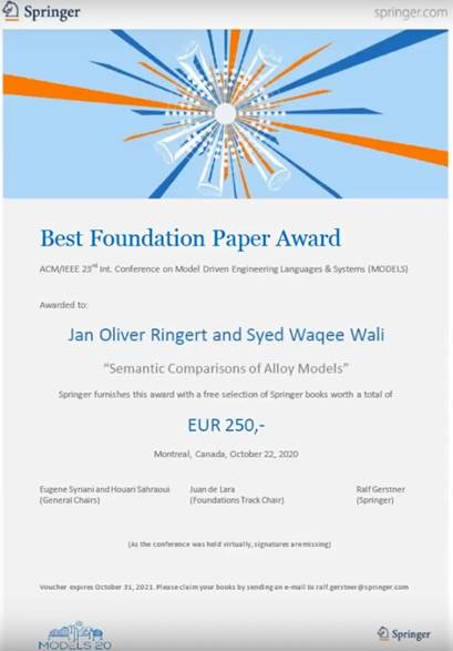 UoLCMS's tweet photo. Our former MSc student Syed Waqee Wali who supported us with the DriverLeics project,  together with Dr Jan Oliver, published "Semantic Comparison of Alloy Models" at MoDELS 2020 and received the Best Foundation Paper Award and an ACM SigSoft Distinguished Paper Award. Well done! https://t.co/ZbQZiLvPZT