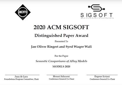 UoLCMS's tweet photo. Our former MSc student Syed Waqee Wali who supported us with the DriverLeics project,  together with Dr Jan Oliver, published "Semantic Comparison of Alloy Models" at MoDELS 2020 and received the Best Foundation Paper Award and an ACM SigSoft Distinguished Paper Award. Well done! https://t.co/ZbQZiLvPZT