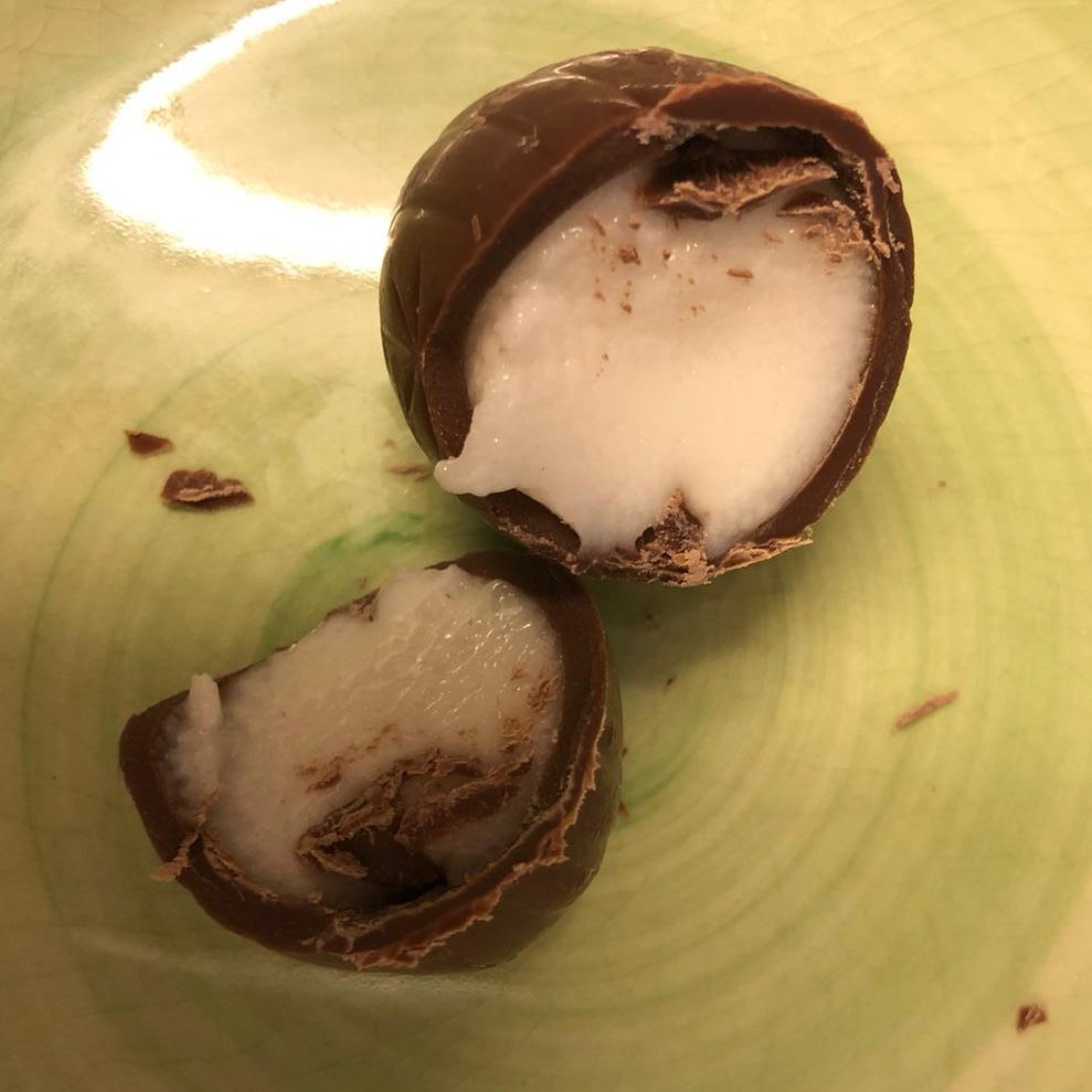 CADBURY GOO HEADS (CREME EGGS)I'm sorry to say I fell into a deep depression upon cutting this open. IF YOU’RE SAYING SOMETHING IS SOMEONE’S SKULL AT LEAST MAKE THE INSIDE RED AND BLOODY!!! AFTER EVERYTHING THAT’S HAPPENED THIS YEAR YOU’D PLAY US LIKE THIS, CADBURY??/5