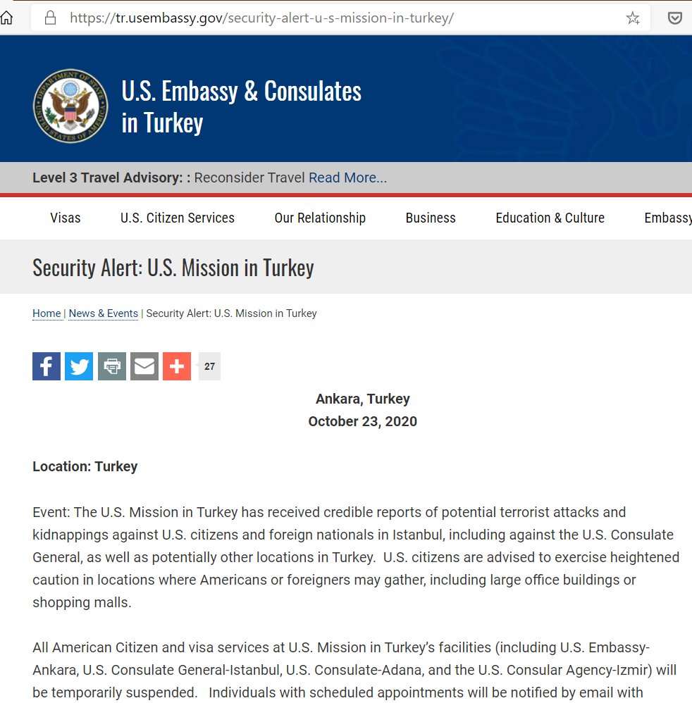  BREAKING   @StateDept ADVISORY credible reports of potential  #terrorist attacks & kidnappings against  citizens & foreigners in Istanbul, including against the U.S. Consulate, as well as potentially other locations in Turkey.  #StopErdoghan  https://tr.usembassy.gov/security-alert-u-s-mission-in-turkey/  https://twitter.com/armanayva/status/1319622635995734017