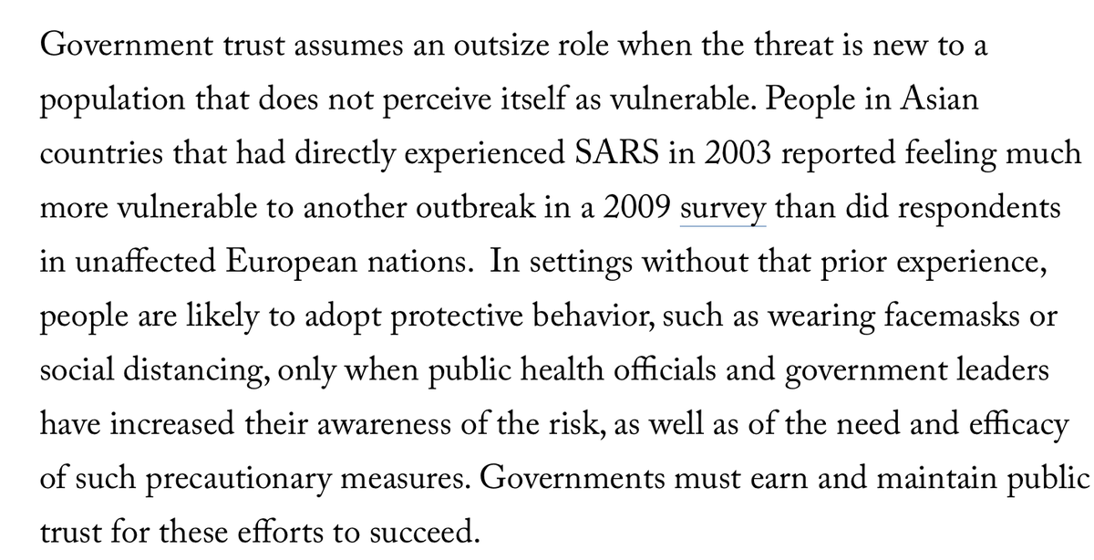 Government trust assumes an outsize role when threat is new to a population that does not already perceive itself as vulnerable 7/ https://www.foreignaffairs.com/articles/united-states/2020-10-23/coronavirus-fighting-requires-trust