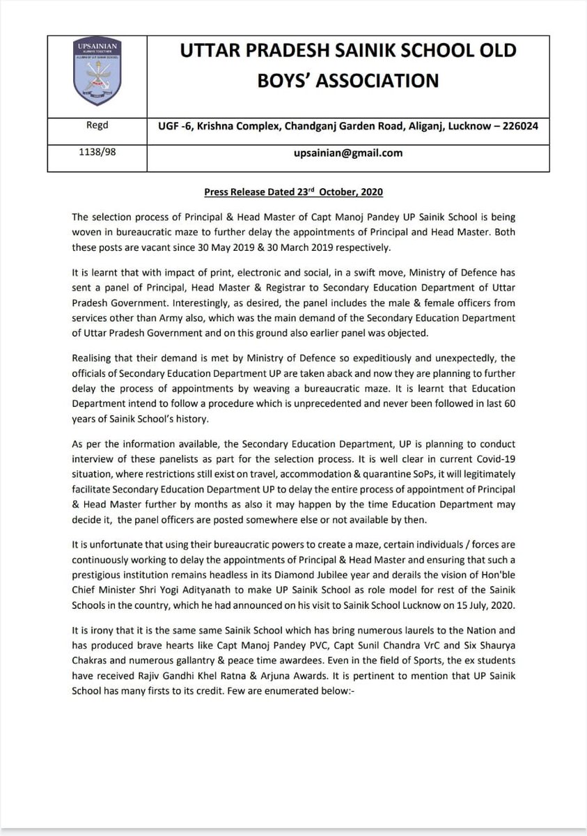 upsainians's tweet photo. We request @myogiadityanath ji to look in to the appointment of Principal &amp; Headmaster in UPSS. @drdineshbjp @CMOfficeUP @UPGovt @ChiefSecyUP @TOILucknow @htTweets @JagranNews @seceduup @DainikBhaskar @AmarUjalaNews @Lucknow_Post @AdminLKO @CNNnews18 #saveUPSS #1stsainikschool https://t.co/b7dyWWCxQE