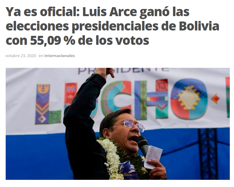 DeFrenteOK's tweet photo. Tras cinco días escrutinio, el Tribunal Supremo Electoral de Bolivia confirmó que el candidato de MAS, Luis Arce fue el ganador de las elecciones del pasado domingo con el 55,09 % de los sufragios.
https://t.co/rrP8RkFIeK https://t.co/OxHga0rJzp