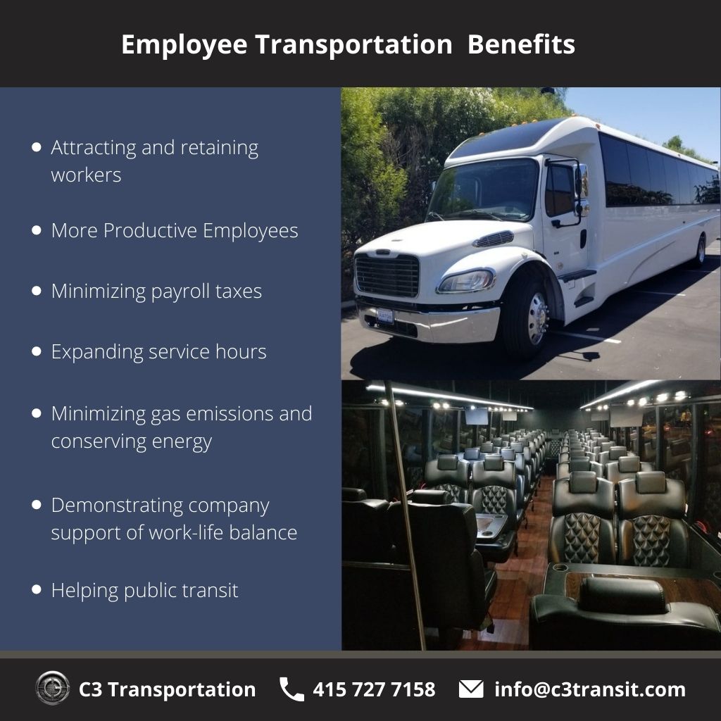 C3Transportati1's tweet image. Here are a few employee transportations benefits why you must consider offering your employees a safe and reliable transportation service. Consult us now at bit.ly/2GNaYYU #CommuterSolutions #EmployeeSafety #EmployeeExperience #SanFrancisco   #C3Transportation