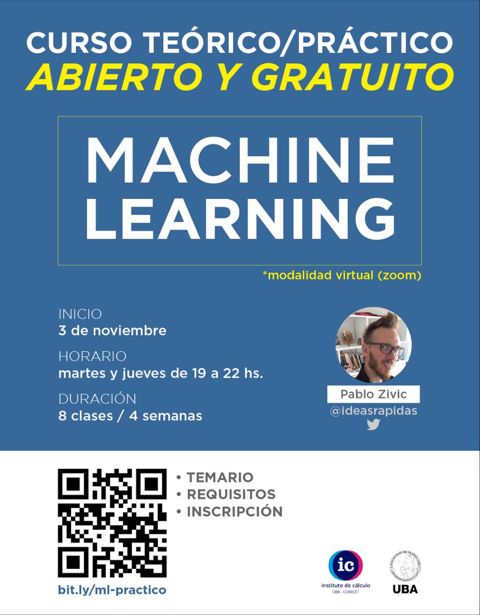 ideasrapidas's tweet photo. Finalmente! Tengo el gran gran gran placer de anunciar mi primer curso de Machine Learning!! ^J^
Anotate acá para participar https://t.co/In6tPFV86A
Nos vemos en unos días! https://t.co/gYJFWxJcBU