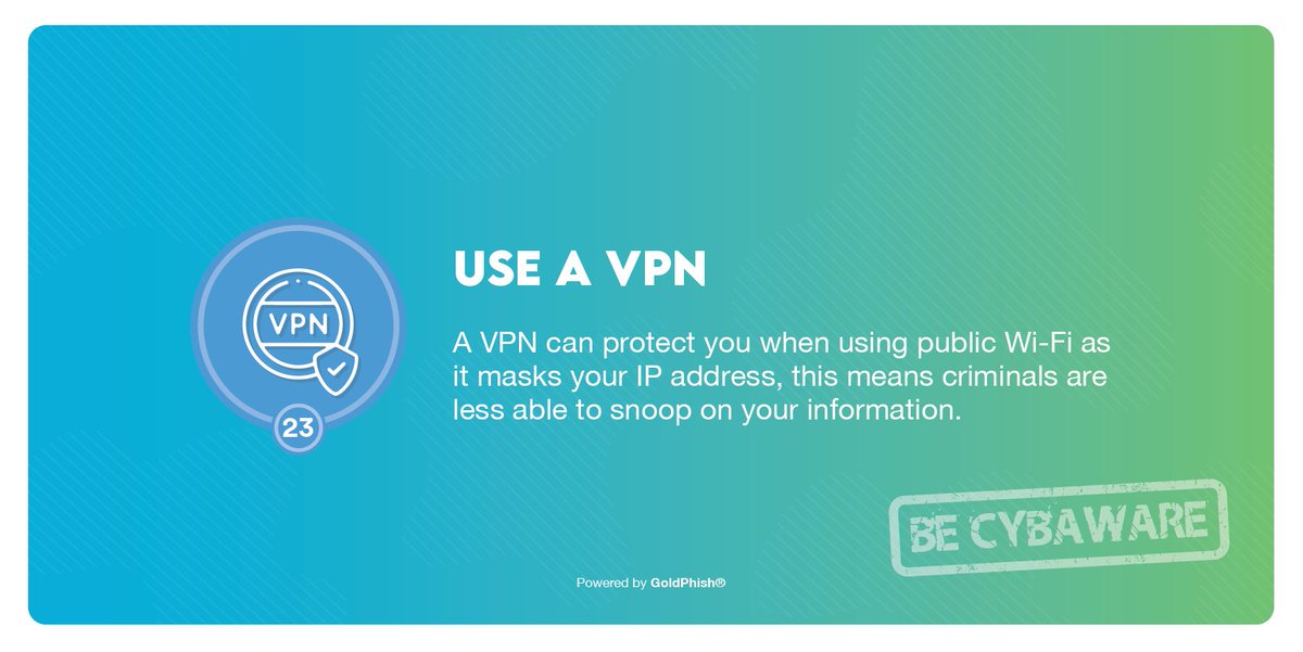 RiniGARD's tweet photo. USE A VPN
#VPNs can be used to access region-restricted sites, hide your browsing activity on public Wi-Fi, and more.
#BeCyberSmart #BeCybaware #NCSAM #CyberSecMonth #RiniGARD #GoldPhish https://t.co/YdiPUbRDbn