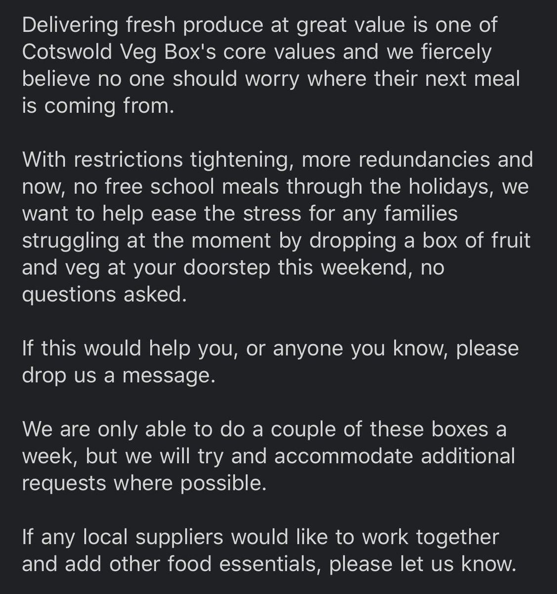 Please share with anyone in the #cotswolds who might need a box of fresh fruit and veg 🍎🍐🥕🥔🥒
#ENDCHILDFOODPOVERTY