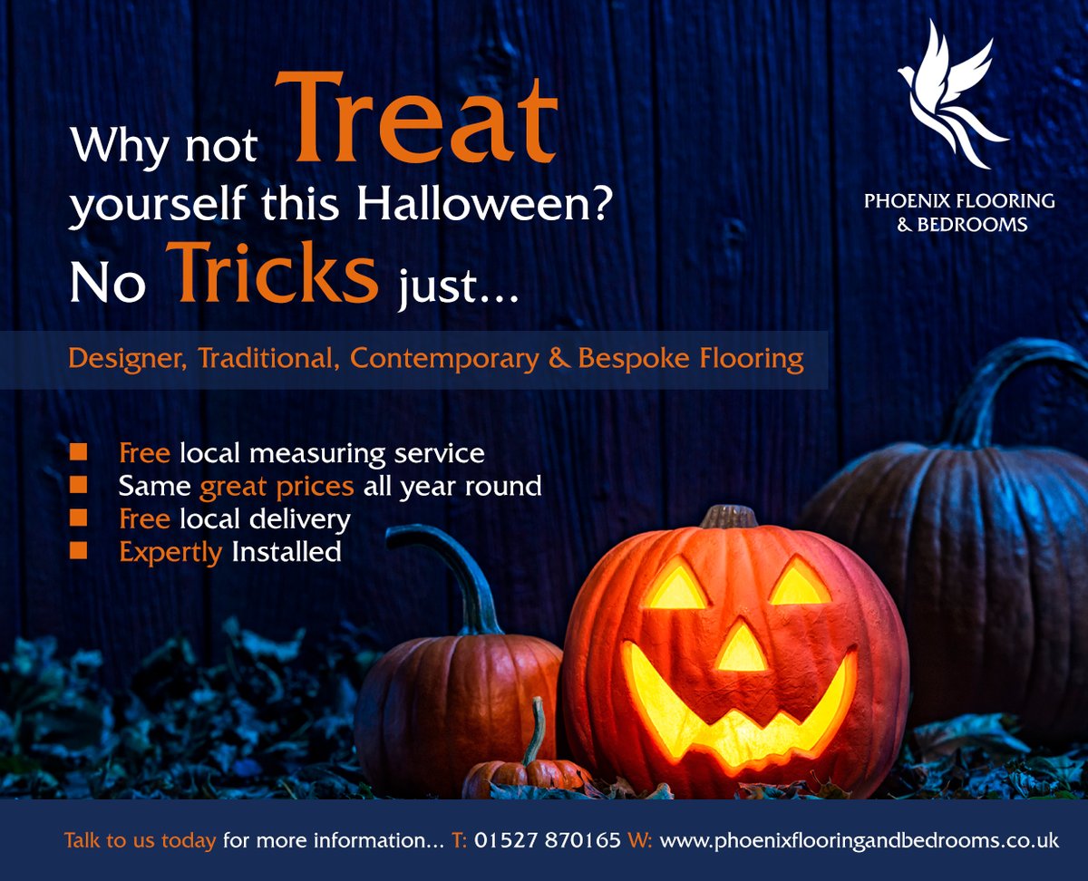 PhoenixCarpets's tweet photo. No Tricks, just Treats at Phoenix Flooring &amp; Bedrooms this Halloween. Visit our website or pop into our showroom for some scarily good deals!
https://t.co/ielzYUE3ki
Tel: 01527 570206
#halloweentreats #carpets #flooring #bromsgrove #greatprices #showroom #karndean #beds https://t.co/5MeZAJaFdA