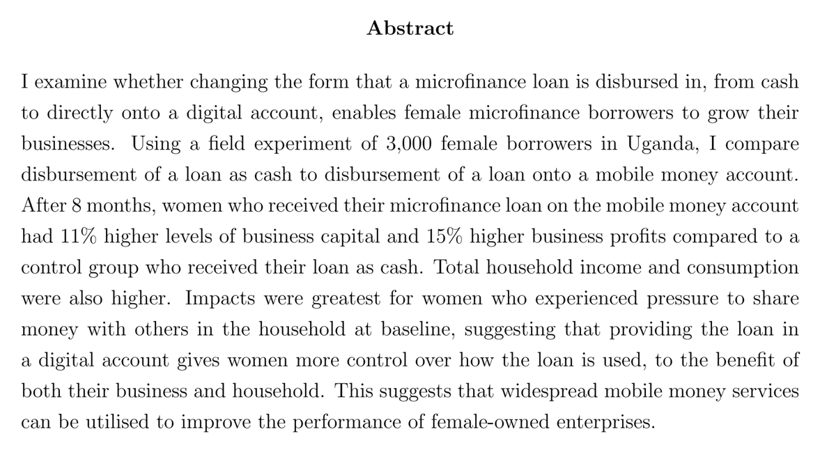 Emma RileyJMP: "Resisting Social Pressure in the Household Using Mobile Money: Experimental Evidence on Microenterprise Investment in Uganda"Website:  https://emmaalriley.wordpress.com/ 