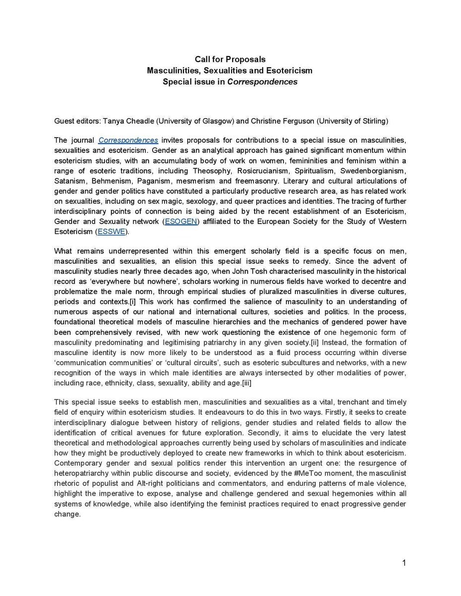 CorrJournal's tweet photo. There's only a little more than a week left to submit your proposals for Correspondences' special issue, "Masculinities, Sexualities and Esotericism." Proposals for full articles should be sent to both editors by 1 November 2020. See CfP for full details (PDF available too). https://t.co/Zi0n8ieLgG