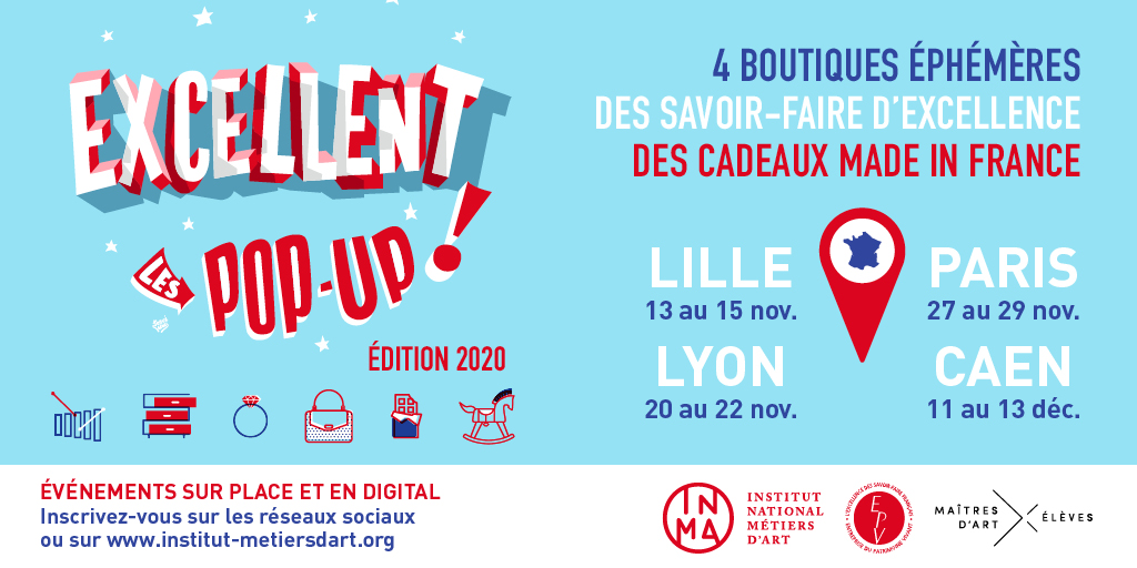 metiersdart's tweet photo. #SaveTheDate 🇫🇷 🎉 

Cet automne, l'INMA lance "Excellent ! Les pop-up", les boutiques éphémères du #FabriquéenFrance ! 

Rendez-vous à #Lille #Lyon #Paris &amp; #Caen pour découvrir les produits @labelepv : maroquinerie, bijoux, textile, décoration... 

 #PopUpExcellent #Noel2020 https://t.co/PAstfTpI4l