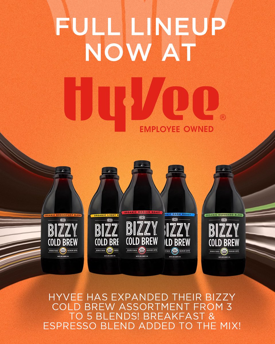 bizzycoldbrew's tweet photo. Big growth at HyVee!
Thank you HyVee Shoppers! We're now able to offer all 5 of our 48-oz cold brew bottles w/ the addition of 2 new blends on the shelves; the Breakfast & Espresso Blends!
Try them all at your nearest HyVee!
Store locator in comments.
#staybizzy #bizzycoffee https://t.co/jTsfrMjXkm