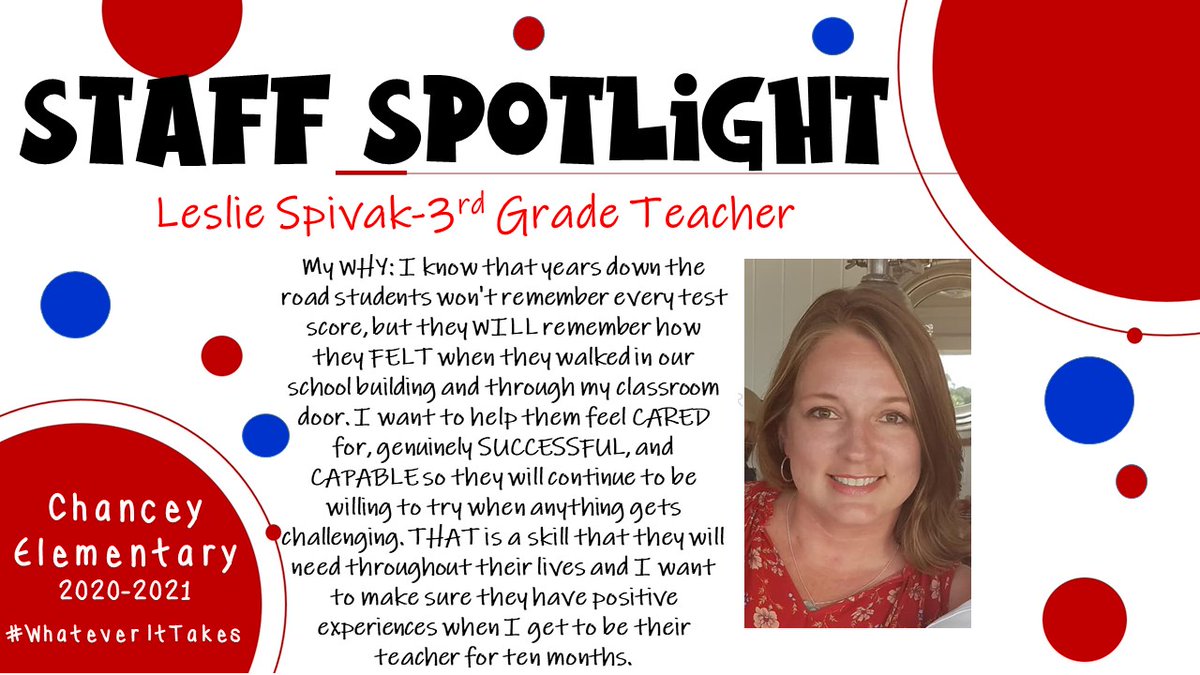 Mrs. Spivak is a fantastic teacher who is fully committed to the students and families she serves. She works hard to make sure our Cardinals are successful. Mrs. Spivak, we appreciate YOU! #WhateverItTakes #staffspotlight #positiveschoolculture #WeAreJCPS <a href="/ChanceyChat/">Chancey Elementary</a> <a href="/JCPSKY/">JCPS</a>