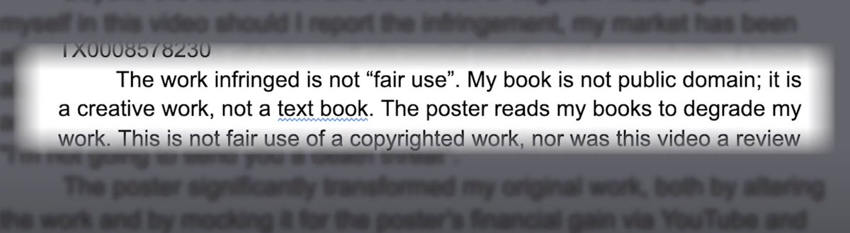 (1) "My book is not public domain." This is correct. And totally irrelevant! If it WAS public domain, it wouldn't be protected by copyright at all, and therefore fair use wouldn't be necessary. Lindsay could have read the whole book instead of just 400 words.