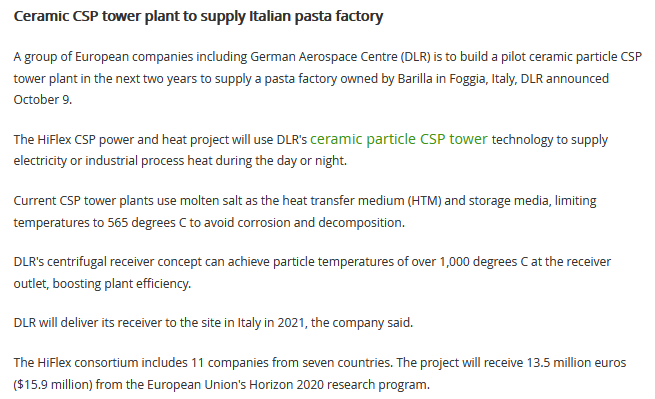 H2020_HiFlex's tweet photo. "Ceramic CSP tower plant to supply Italian pasta factory"

Many thanks to @RE_SolarCSP for spreading the news about our great #HiFlex project! 👍
#h2020 #solarpower #renewables 

https://t.co/Fa73TUi2kf https://t.co/XzsGDl4V6j