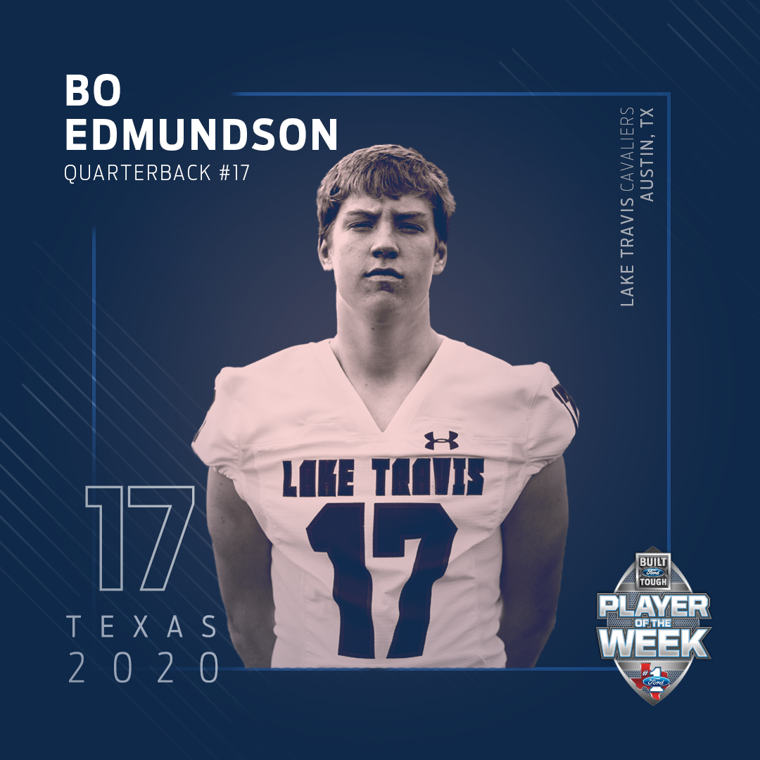 TXFordDealers's tweet photo. @boedmundson7 threw for 459 yrds &amp; 6 TD Friday, leading the undefeated @LakeTravisHS Cavaliers to a 70-35 win over Buda Hays. The QB is only a Sophomore &amp; is his school’s first 400-yrd passer since 2017. He is this week’s Class 6A #FordPOTW.

#STXFord #TXHSFB https://t.co/Xn5pERjzpX