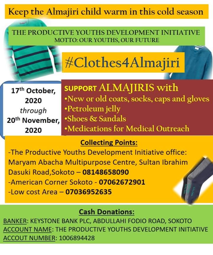 Support the campaign.

#Clothes4Almajiri
<a href="/Auwal_online/">Auwal Ahmed Musa</a> <a href="/SMOHSokoto/">Sokoto state ministry of health - Nigeria</a> <a href="/csocapacityng/">CSO CAPACITY NG</a> <a href="/EUinNigeria/">EU in Nigeria 🇪🇺🇳🇬</a> <a href="/AWTambuwal/">Aminu W. Tambuwal</a> <a href="/MMAWT_L_I/">MMAWT L. Initiative</a> <a href="/Aishamaina28/">Aisha maina</a>