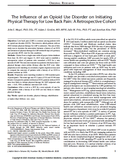 leighdpt's tweet photo. Patients with low back pain who have a history of opioid use are less likely to initiate PT than patients without a history of opioid use.  This is very concerning.  #physicaltherapy @JakeMagel @jfritzPT https://t.co/2AGuZd3SZ7