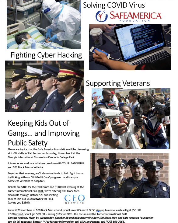 SafeAmerica's tweet photo. On November 7th we are hosting our ‘Fall Forum’ at the Georgia International Convention Center in College Park. If you are a member of @100BlackMen, we are offering a discounted ticket price until October 29! For more information, call CEO Len Pagano at (770)-509-7958. https://t.co/KWXry71j1v
