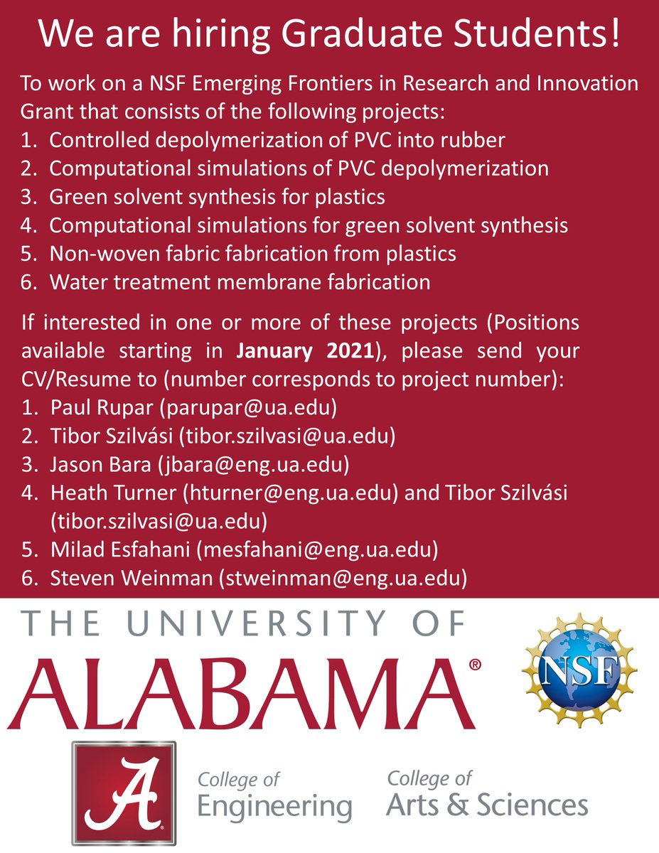 Please RT and share:
<a href="/SzilvasiGroup/">Tibor Szilvási</a> is hiring one or two PhD students in the area of computational modeling of polymer recycling. szilvasigroup.weebly.com/news.html If you are interested, please send your CV to tibor.szilvasi@ua.edu <a href="/Chemjobber/">Chemjobber</a>
