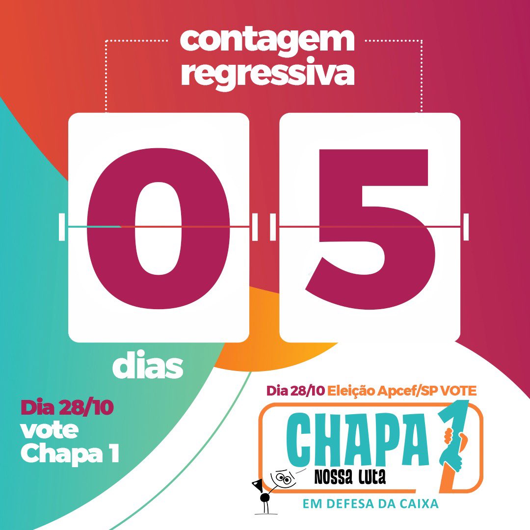 Chapa1L's tweet photo. Faltam 5 dias para você votar Chapa 1 Nossa Luta na @apcefsp 

#EuApoioChapa1NossaLuta
#VoteChapa1NossaLuta https://t.co/fz0x0CNNs9