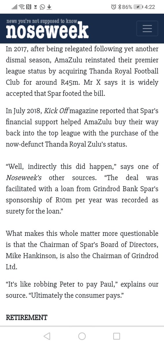 A  @Noseweek article alleges that O'Connor ensured that AmaZulu bounced back to the PSL quickly through the purchase of Thanda Royal Zulu in 2017 with Spar facilitating the financing of the deal.  #KnowYourOwner  #AmaZulu