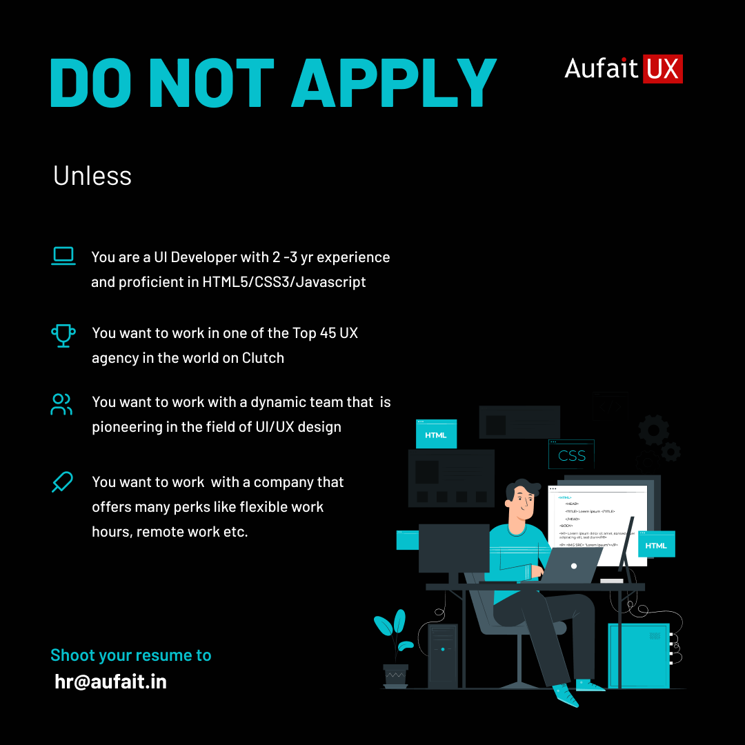 aufaitux's tweet photo. We are hiring UI Developers to join our amazing team!
#hiring #uideveloper #frontenddeveloper #hiringuideveloper #html5 #css3 #javascript #html #css
#aufaitux https://t.co/XVQTYVxUr7