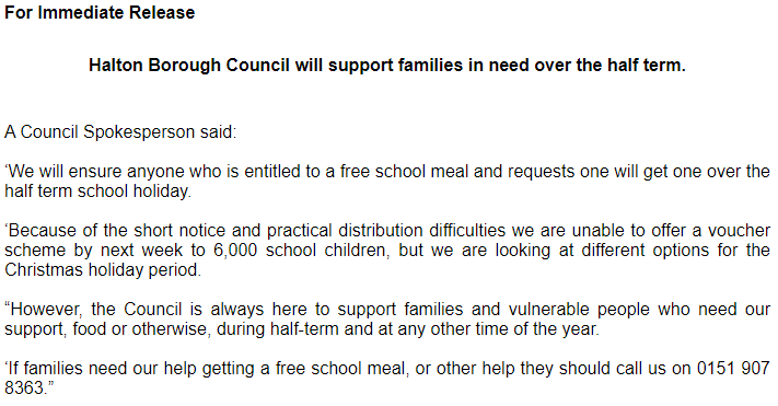 bbcmerseyside's tweet photo. BREAKING: @HaltonBC becomes the latest Liverpool City Region council to say anyone entitled to a free school meal will get one over the half term holiday. 

@lpoolcouncil and @KnowsleyCouncil have so far announced similar measures. 

Halton statement: https://t.co/z2UfuQjXjj