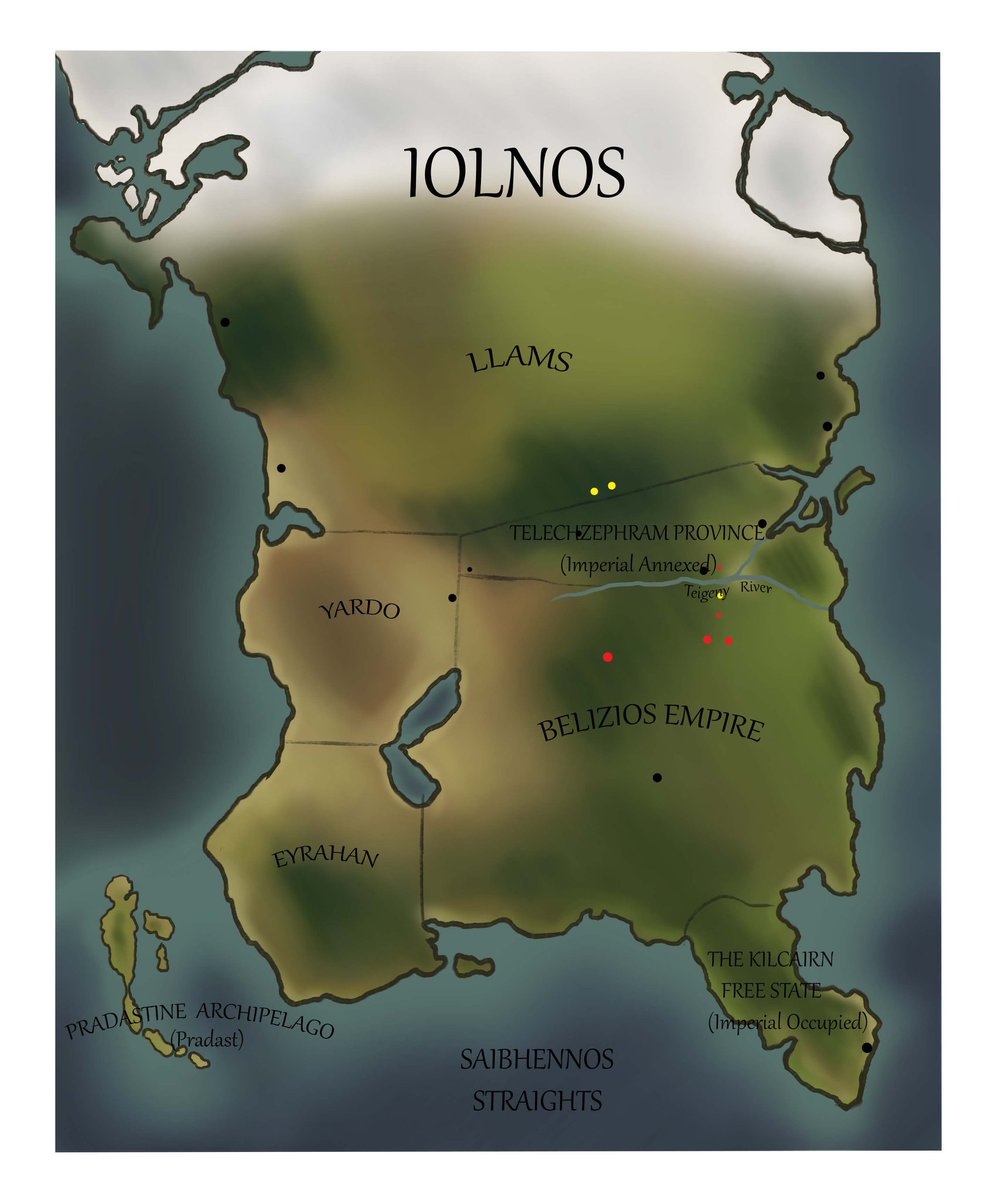 Matriarch_comic's tweet photo. An early look at my continent of Iolnos, where Matriarch takes place #makingwebcomics I'll be spending my Friday evening bonding with #WIP map and rereading my writing. I need to remind myself where all my armies are...I know those red and yellow dots aren't entirely accurate๐
https://t.co/df8f3ggofV