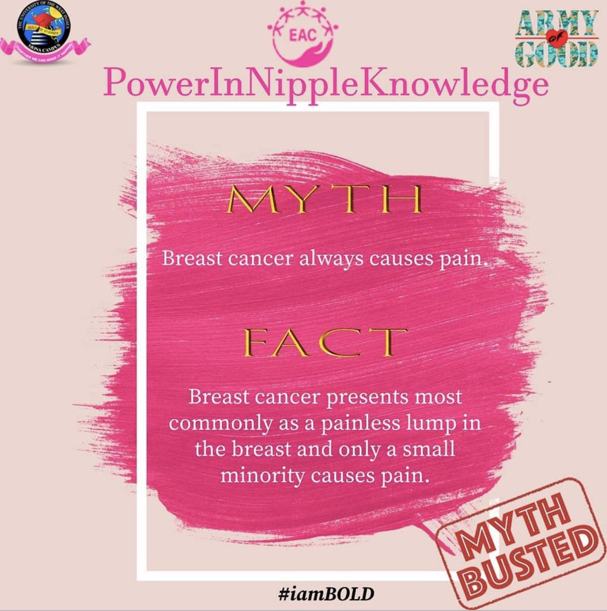uwiguildeac's tweet photo. The UWI Mona Guild EAC is dedicated to spreading awareness by dispelling myths and providing facts. How are you being B.O.L.D.? π
#GuildEAC2020 #OneArmyNuffGood #SoldiersofSolidarity
#ForceForYou #DefendersOfGood #ChampionsOfChange
#eaciambold
#BreastCancerAwarenessMonth https://t.co/XaEYajS9y6