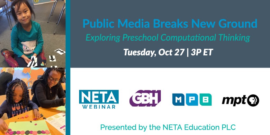 NETA_Tweets's tweet photo. Invite your state partners to the next #NETAWebinar from the NETA Education PLC. Join us Tuesday, 10/27 at 3P ET for Public Media Breaks New Ground Exploring Preschool Computational Thinking.
Register https://t.co/AQPmfffMmy https://t.co/q7G9F9ANFM
