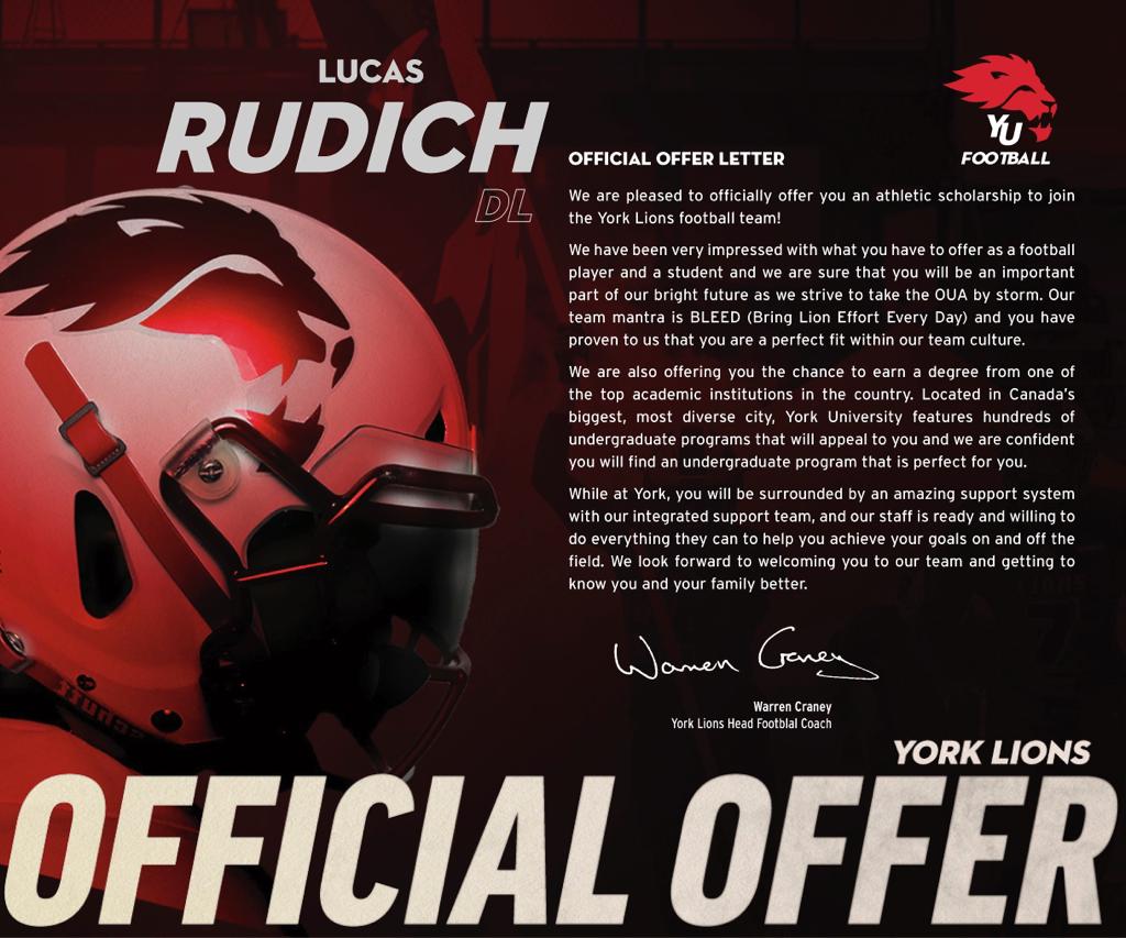 After a great talk with @CoachCraney, <a href="/coachokpro/">Sammy Okpro</a>, <a href="/Deans31/">Coach Matthew Deans</a>, @CoachGriffith88 and <a href="/tommydenison4/">Tommy Denison</a> I am honored to receive a scholarship offer from <a href="/YULionsFootball/">York Lions Football</a>.  Also want to thank <a href="/LTHSCavFootball/">Lake Travis Football</a>, <a href="/LT_FBRecruiting/">Lake Travis FB Recruiting</a>, <a href="/CoachKHalfmann/">Coach Halfmann</a>, <a href="/CoachHankCarter/">Hank Carter</a> and <a href="/chatfootball/">CanadaFootballChat</a>