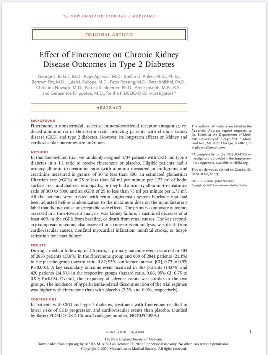 Effect of Finerenone on CKD outcomes in T2DMFinerenone decreased risk of CKD progression by 18%Finerenone decreased CV morbidity & mortality by 14%Published in  @NEJM today  https://www.nejm.org/doi/full/10.1056/NEJMoa2025845?query=RP @ASNKidney  #Kidneywk