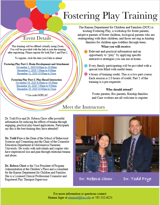 KsCaregiver's tweet photo. An amazing training opportunity called "Fostering Play" is coming up. It is open to all caregivers and biological parents! @DCFKansas #Training #Foster #Kinship https://t.co/TBMx2sdsAF