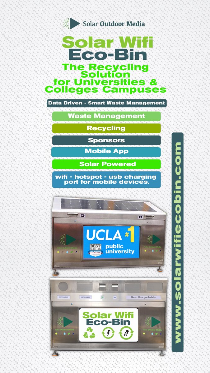 solar_out_media's tweet photo. #SOLARWIFIECOBIN - The #recycling #solution for #universities & colleges campuses. @UCLAradio - @UCLA
-
#smartcities #wastemanagement #solarenergy #ucla #wastesolution #smartuniversity #solarbin #ourideascreatevalue #solaroutdoormedia #onestreetcorneratatime https://t.co/FH2qY65AP1