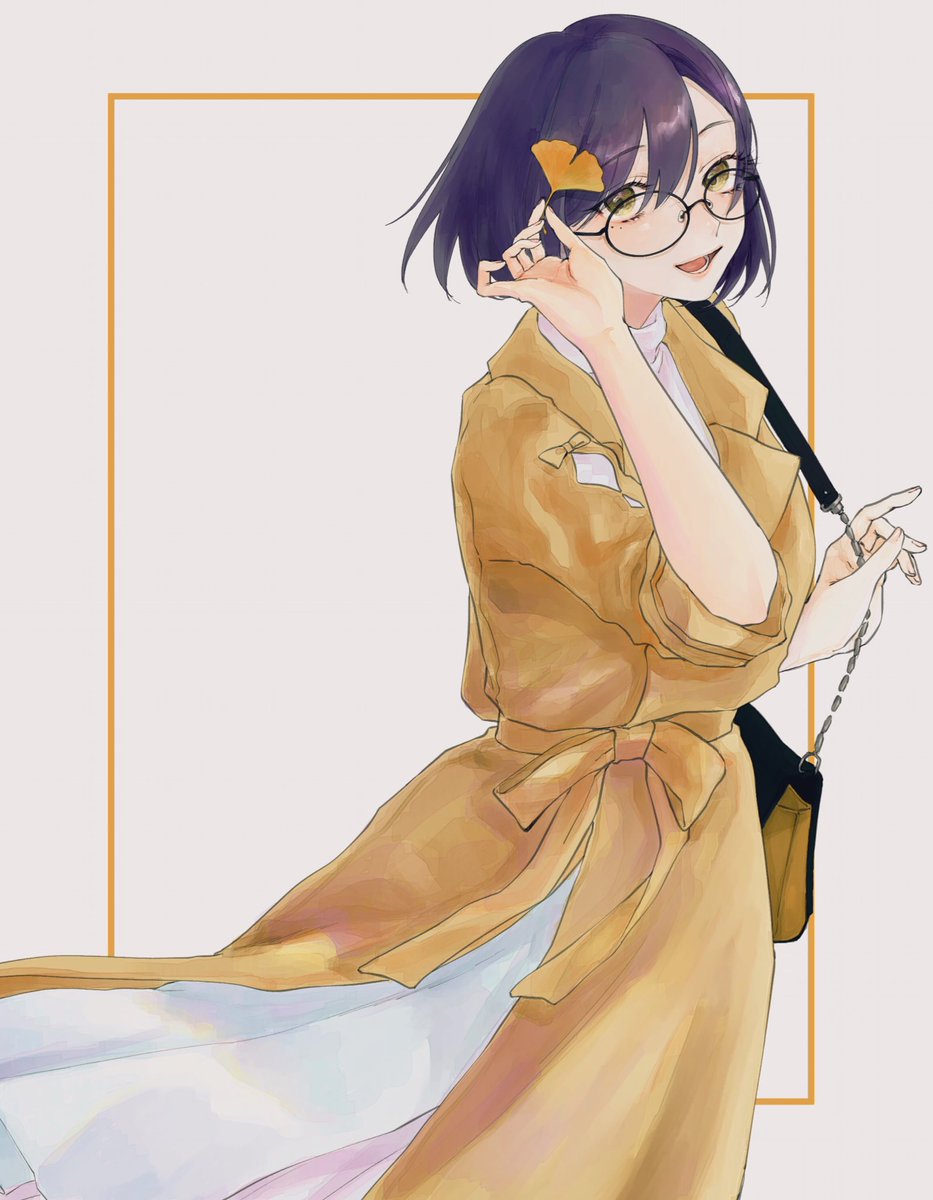 1girl solo glasses bag short hair smile looking at viewer  illustration images