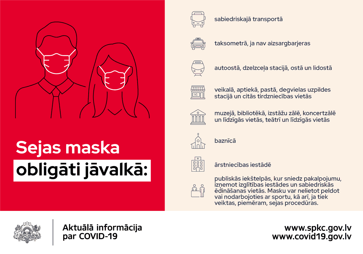 veselibasmin's tweet image. 🔶Diemžēl epidemioloģiskā situācija Latvijā liecina, ka Covid-19 izplatība turpina strauji pieaugt, tāpēc @Brivibas36 lēma par papildu drošības pasākumiem, tostarp, no rītdienas, 24. oktobra, sejas maskas būs jālieto plašāk. Sīkāk lasi: vm.gov.lv/lv/aktualitate…