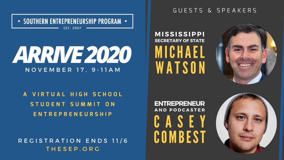 High school teachers, our 14th annual statewide #youth #entrepreneurship summit is in just 3 1/2 weeks! Join us and guests <a href="/MichaelWatsonMS/">Secretary Michael Watson</a> &amp; <a href="/Casey_Combest/">casey combest</a> on Nov 17. It's not too late to register your students @ thesep.org #ArriveSEP #SEPofMS #MSmade #GEW2020