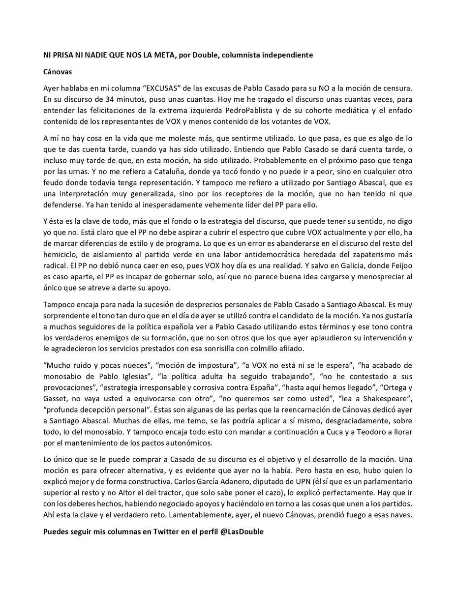 DOUBLE75208397's tweet photo. @ivanedlm @vox_es La columna de hoy del censurado @LasDouble y de su alter ego, @DOUBLE75208397  #FREEDOUBLE CANOVAS, de la serie, NI PRISA, NI NADIE QUE NOS LA META https://t.co/8ldihIBAKi